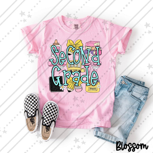 Second Grade  School Supplies Coquette Bow Pencil Crayon Glue Design