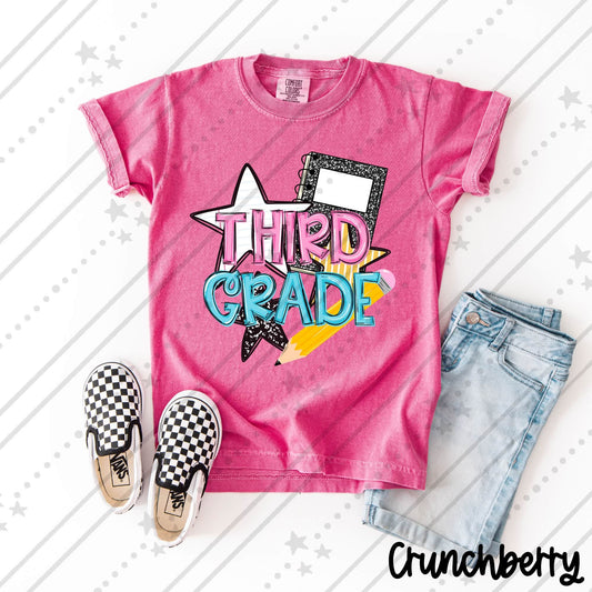 Third Grade Pink and Blue Bold Text with Stars and Pencil