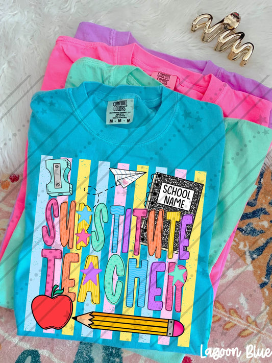 Substitute teacher Colorful School Supplies Doodle with Stars and Apple
