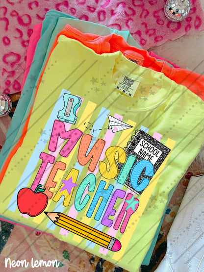 Music Teacher Colorful School Supplies Doodle with Stars and Apple