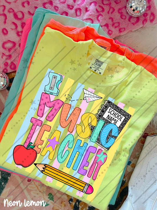 Music Teacher Colorful School Supplies Doodle with Stars and Apple