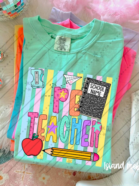 PE Teacher Colorful School Supplies Doodle with Stars and Apple