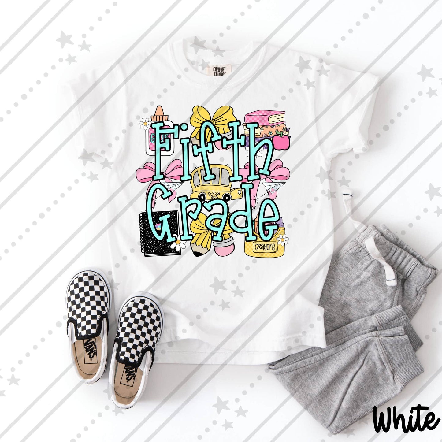 Fifth Grade  School Supplies Coquette Bow Pencil Crayon Glue Design