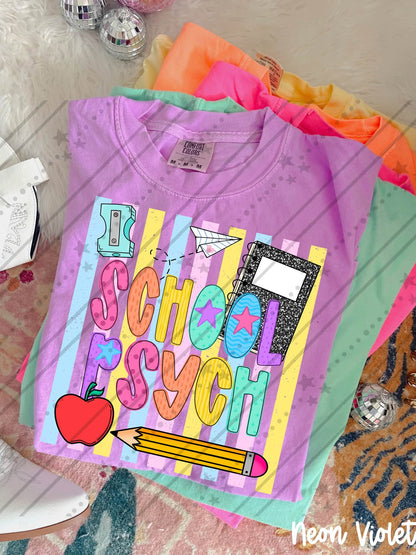 School psych Colorful School Supplies Doodle with Stars and Apple