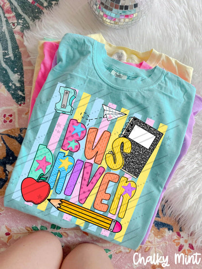 Bus Driver Colorful School Supplies Doodle with Stars and Apple