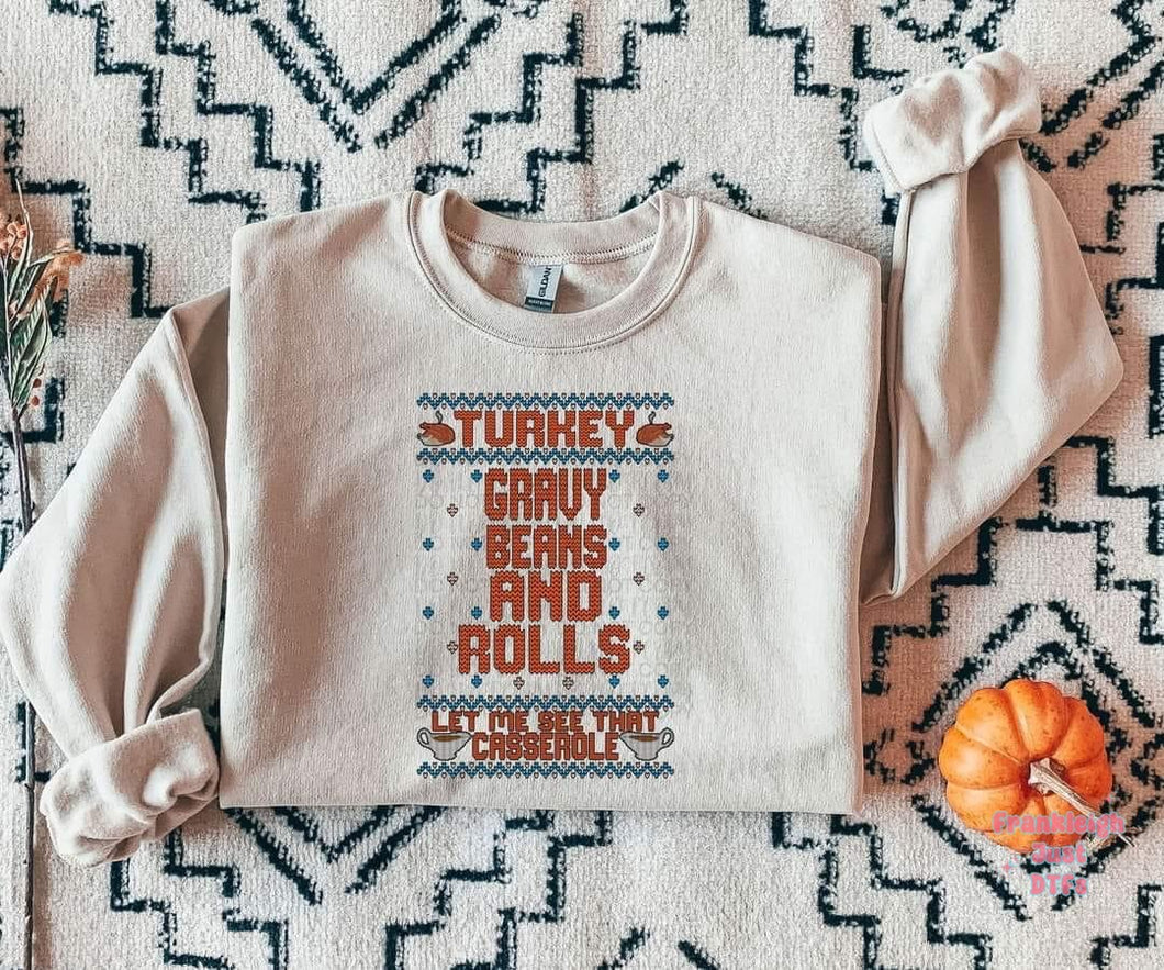 Turkey Gravy Beans and Rolls Thanksgiving Ugly Sweater