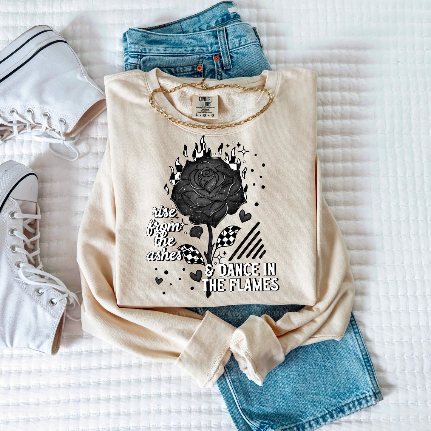 Rise from the ashes and dance in the flames (checkered, rose) Black or white letters