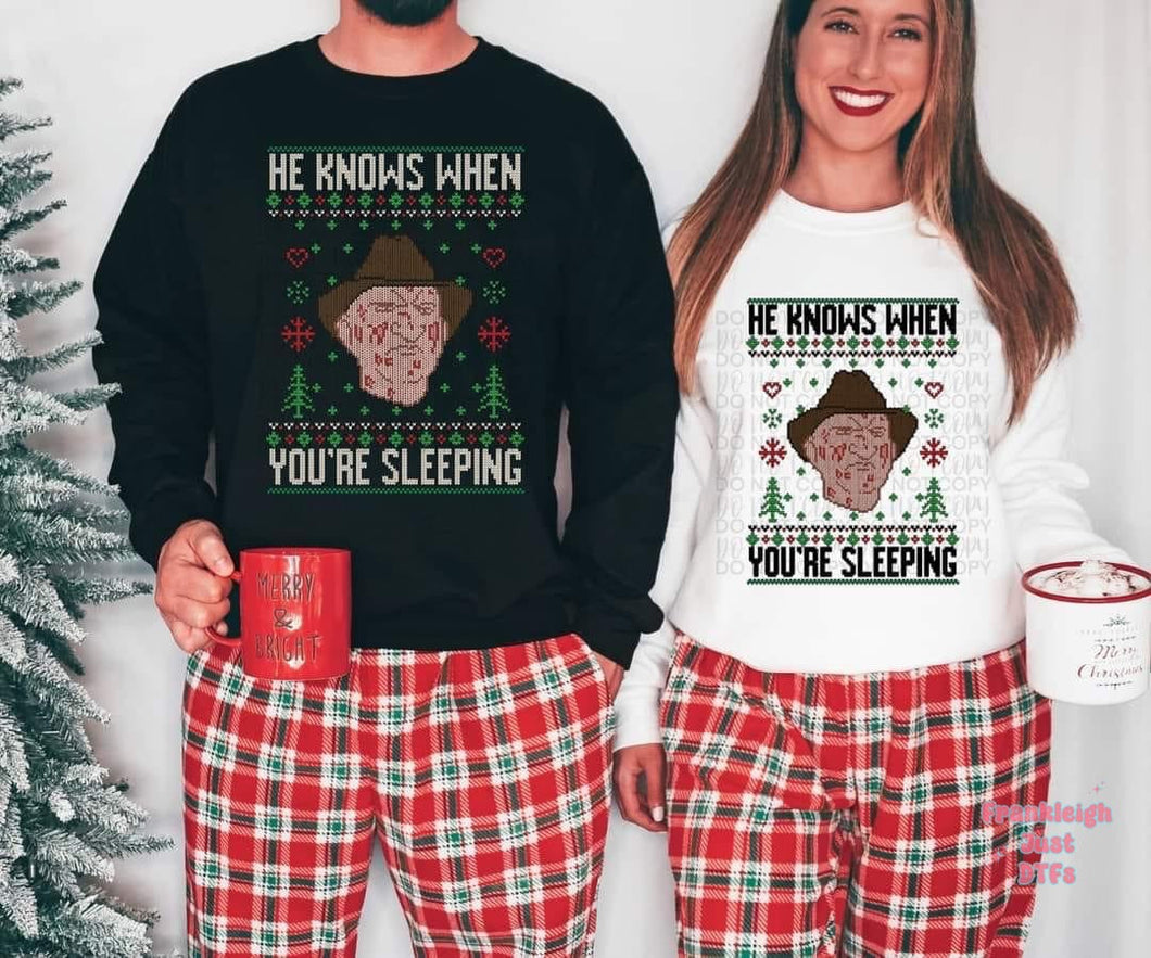 He Knows When You are Sleeping Ugly Sweater (White Letters)