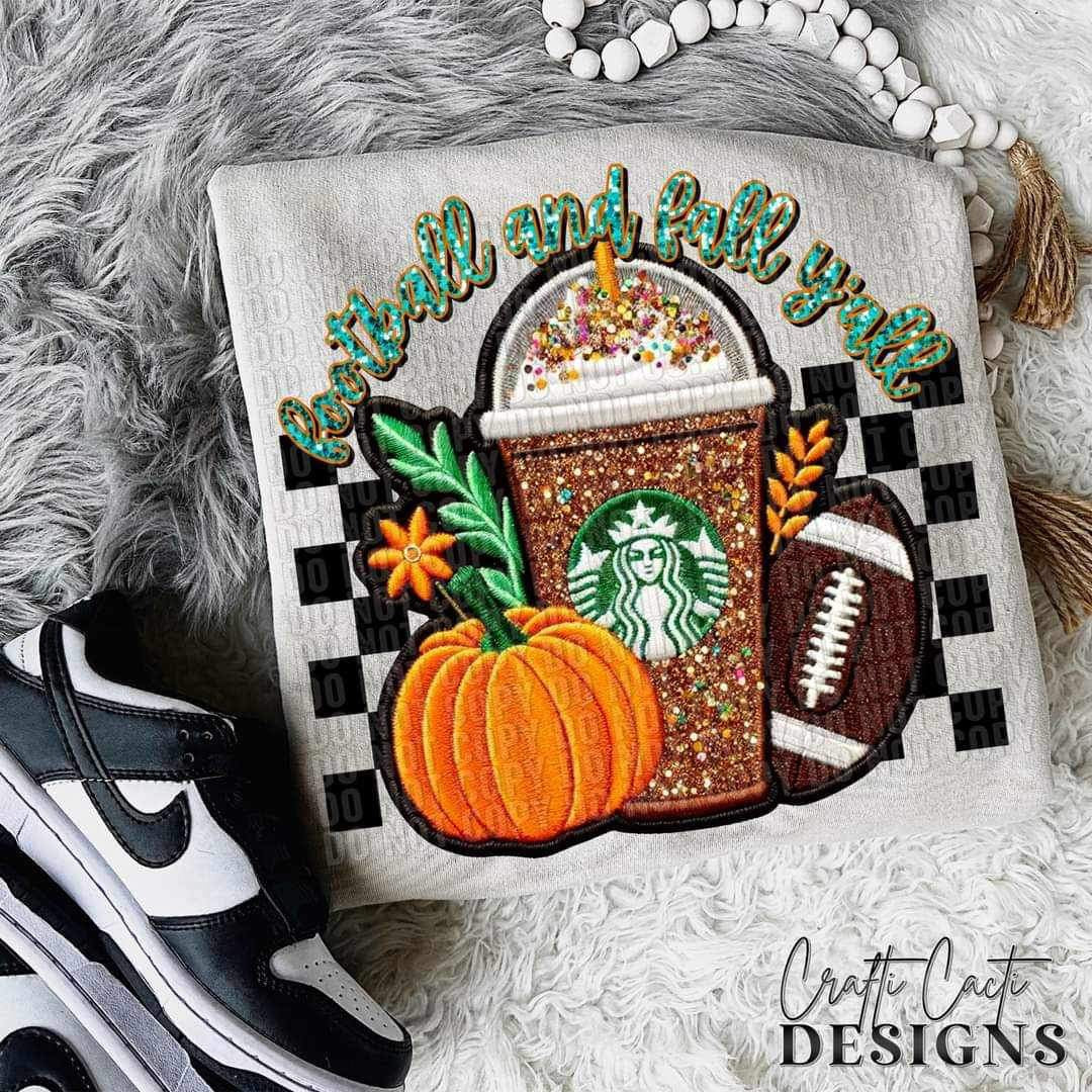 Football and Fall (Faux Glitter and Embroidery) Iced Coffee and Football