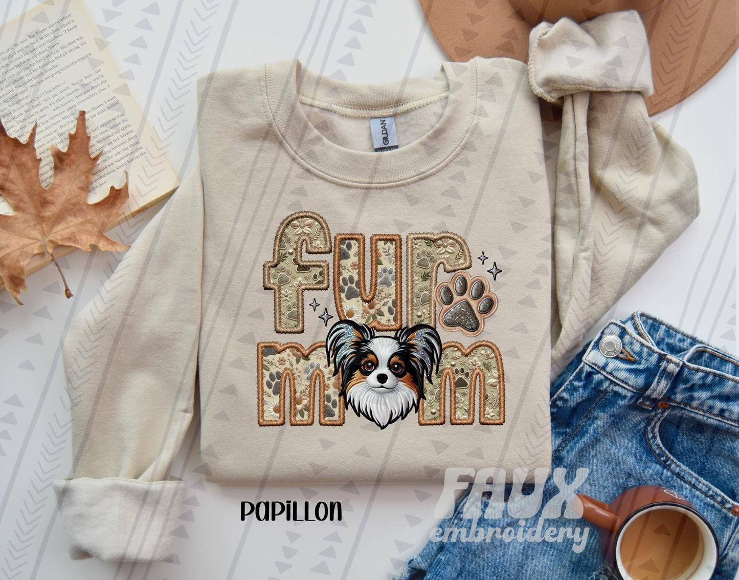 Papillon  Fur Mom  (Faux Embroidery/Faux Glitter)