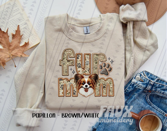 Papillon Brown/White  Fur Mom  (Faux Embroidery/Faux Glitter)