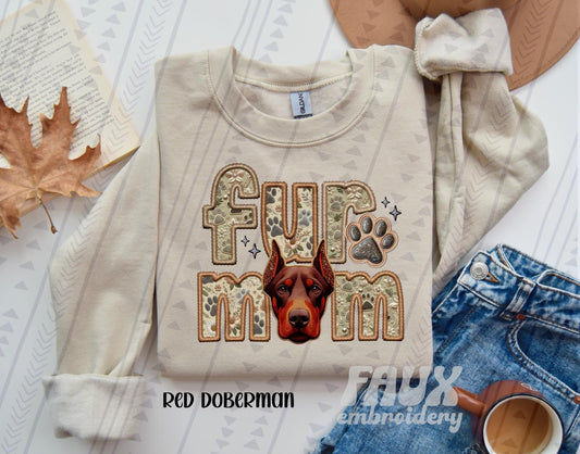 Doberman- Red Fur Mom  (Faux Embroidery/Faux Glitter)