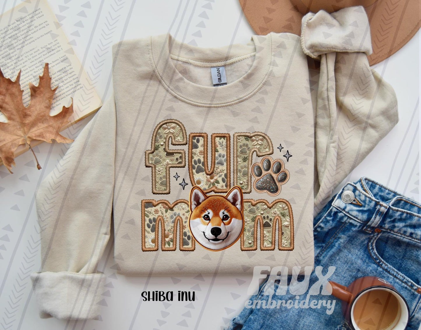 Shiba Inu Fur Mom  (Faux Embroidery/Faux Glitter)