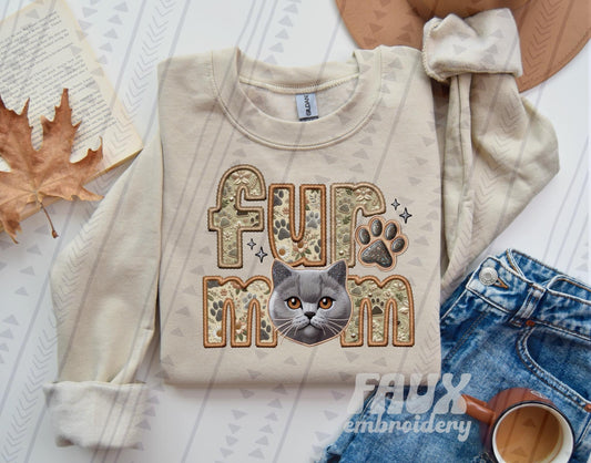 Grey Cat Fur Mom  (Faux Embroidery/Faux Glitter)