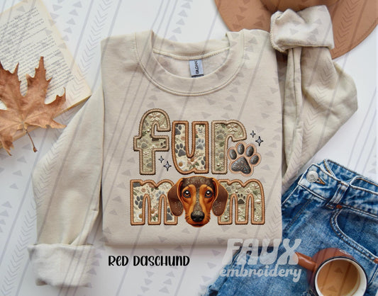 Dachshund -Red Fur Mom (Faux Embroidery/Faux Glitter)