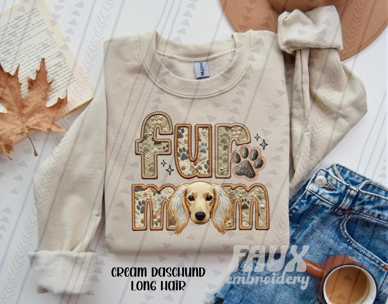 Dachshund  Cream Long Haired Fur Mom  (Faux Embroidery/Faux Glitter)