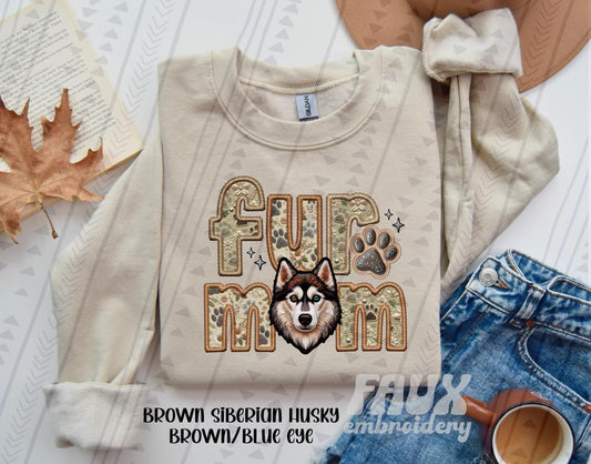 Siberian Husky Brown Fur Mom  (Faux Embroidery/Faux Glitter)