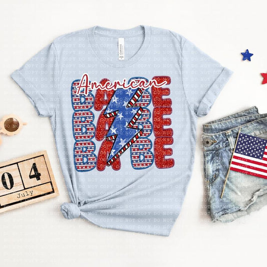 American Babe  Stacked Faux Glitter and Faux Embroidery