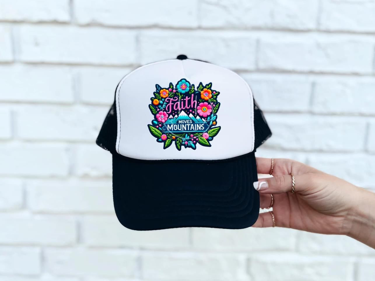 Faith Moves Mountains (Floral) Neon Faux DTF Hat Patch