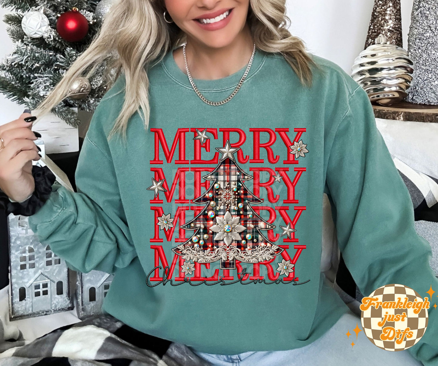 Merry Stacked with Plaid Christmas Tree Faux Embroidery