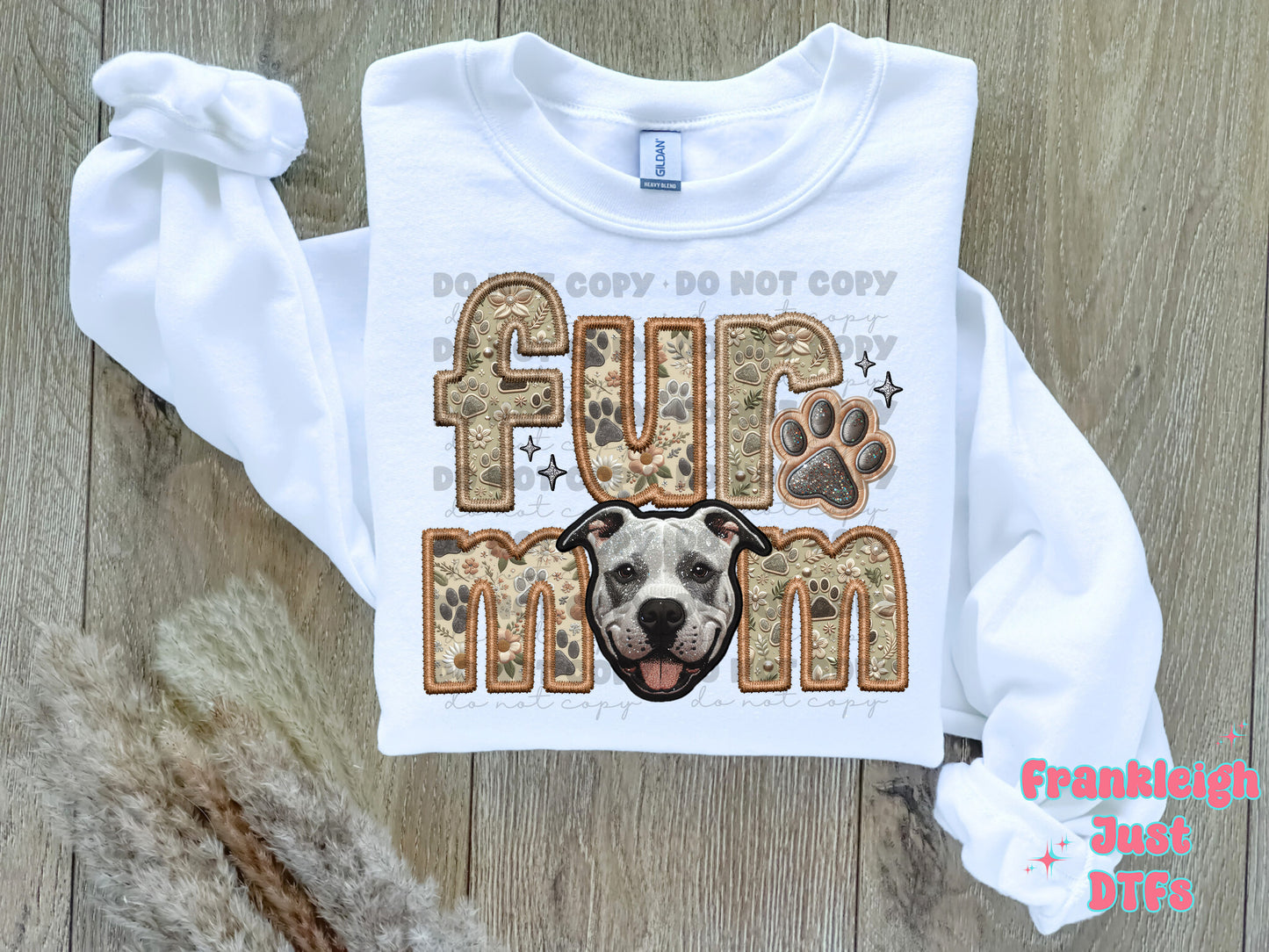 Pitbull- White  Fur Mom  (Faux Embroidery/Faux Glitter)