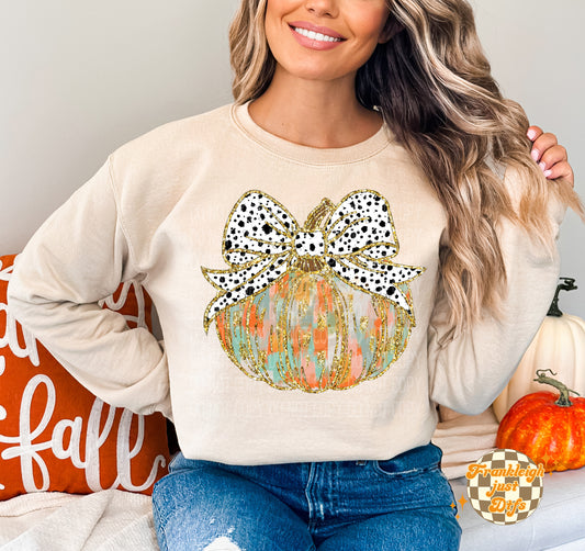 Pumpkin Coquette Brush Strokes (Multi Color w/ Light Orange) Gold Trim