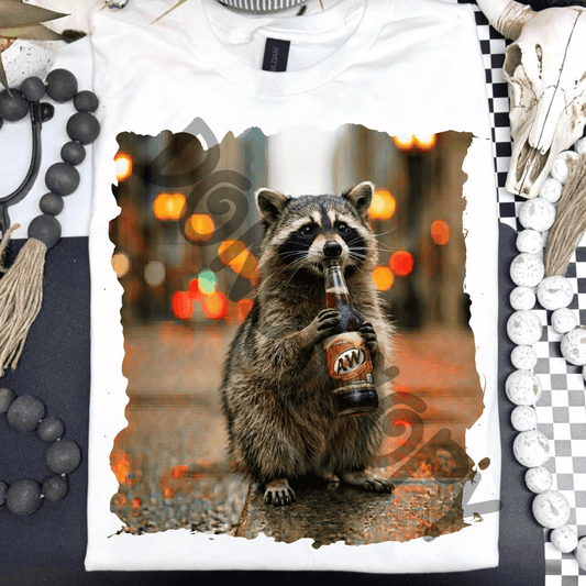raccoon drinking aw root beer