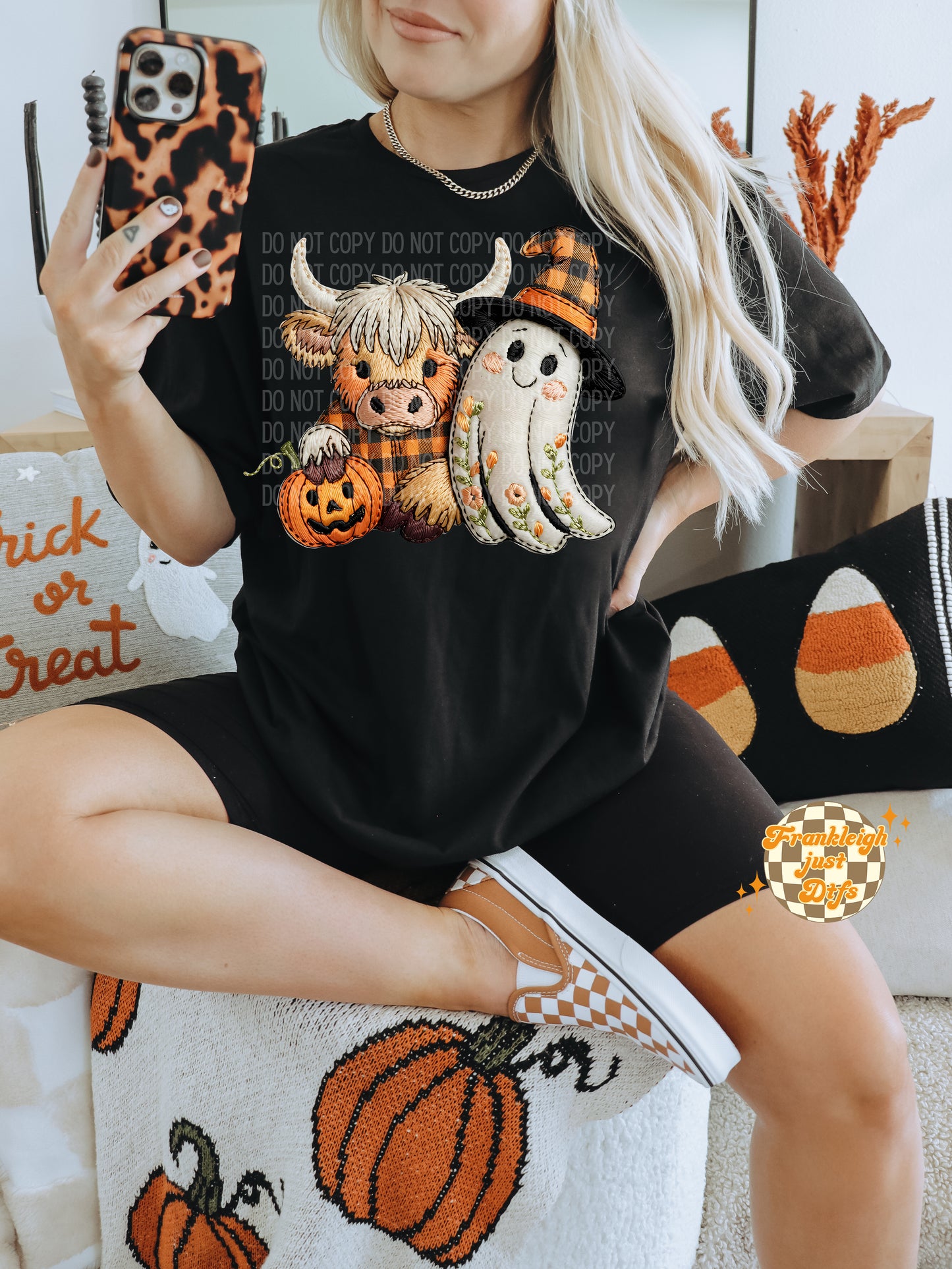 Highland Cow and Ghost Faux embroidery