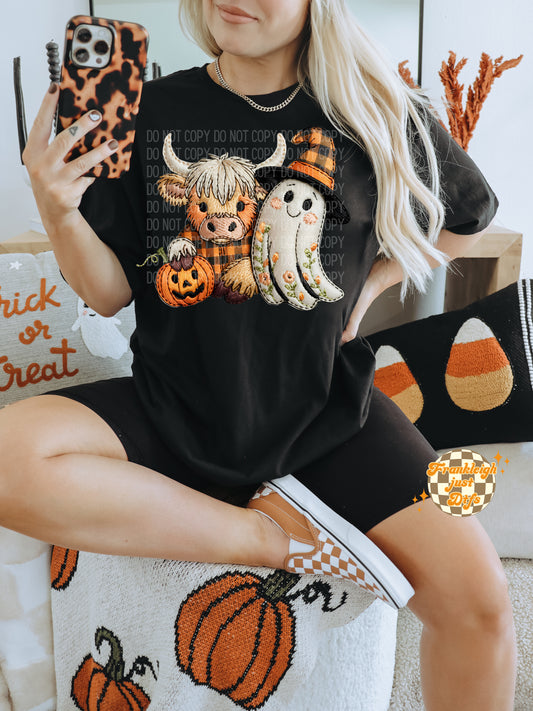 Highland Cow and Ghost Faux embroidery