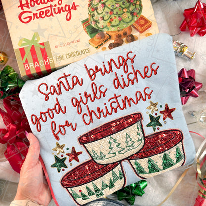 santa brings good girls dishes for christmas sequins