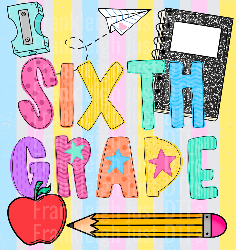 Sixth grade Colorful School Supplies Doodle with Stars and Apple