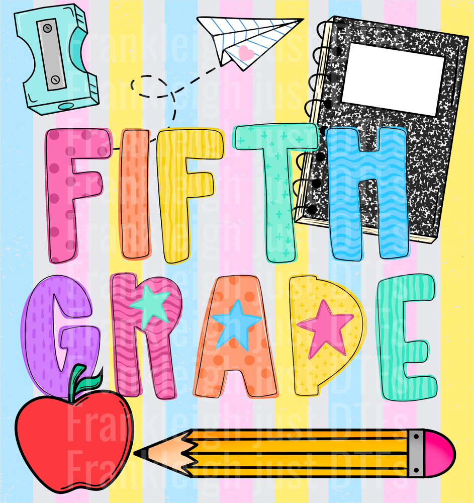 Fifth grade Colorful School Supplies Doodle with Stars and Apple