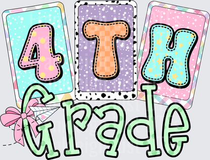 Fourth grade Pastel Patchwork Cards with Pink Bow Design