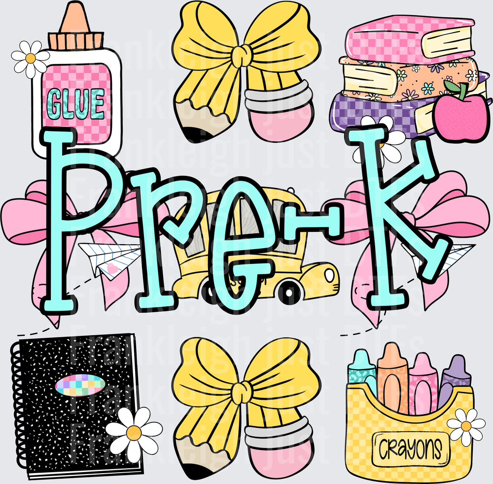 Pre-K School Supplies Coquette Bow Pencil Crayon Glue Design