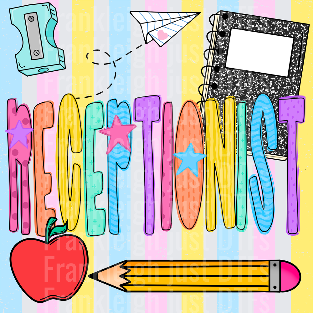Receptionist Colorful School Supplies Doodle with Stars and Apple