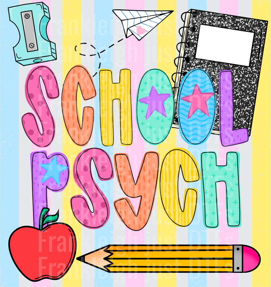 School psych Colorful School Supplies Doodle with Stars and Apple
