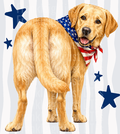 Golden Retriever Wearing American Flag Bandana with Blue Stars Back