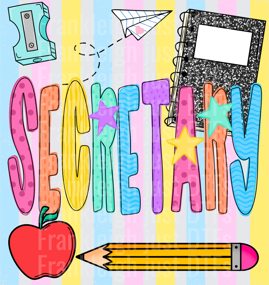 Secretary Colorful School Supplies Doodle with Stars and Apple