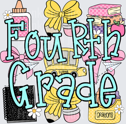 Fourth Grade  School Supplies Coquette Bow Pencil Crayon Glue Design