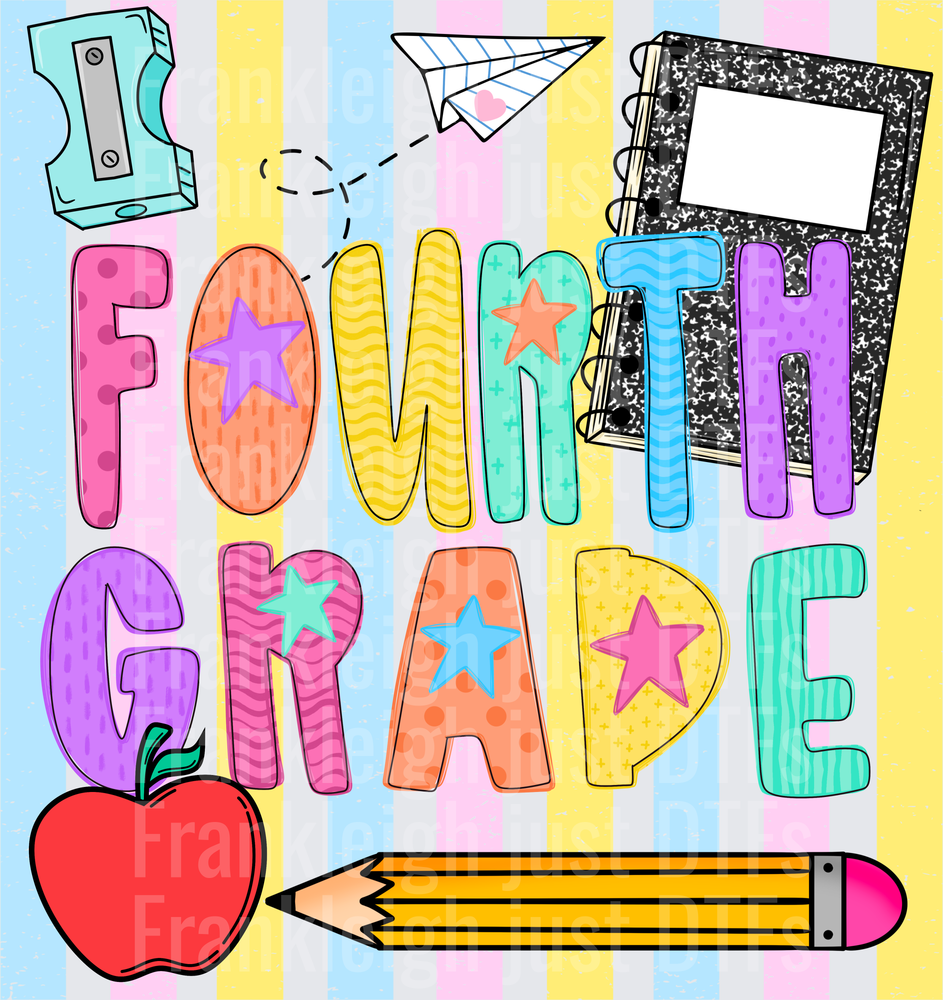 Fourth grade Colorful School Supplies Doodle with Stars and Apple