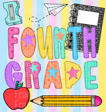 Fourth grade Colorful School Supplies Doodle with Stars and Apple