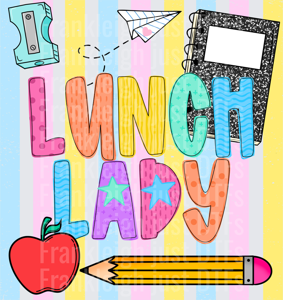 Launch lady Colorful School Supplies Doodle with Stars and Apple