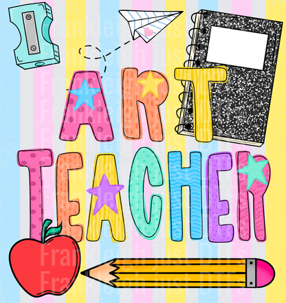 Art teacher Colorful School Supplies Doodle with Stars and Apple