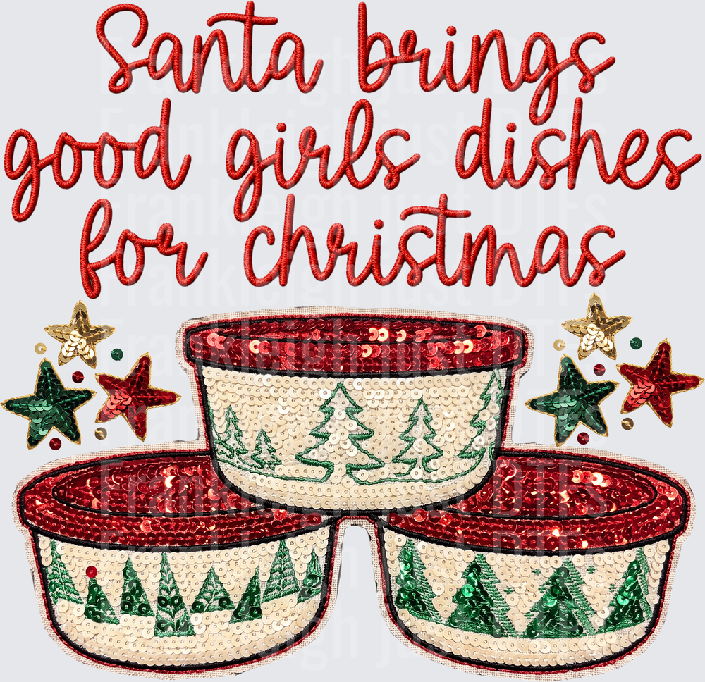 santa brings good girls dishes for christmas sequins