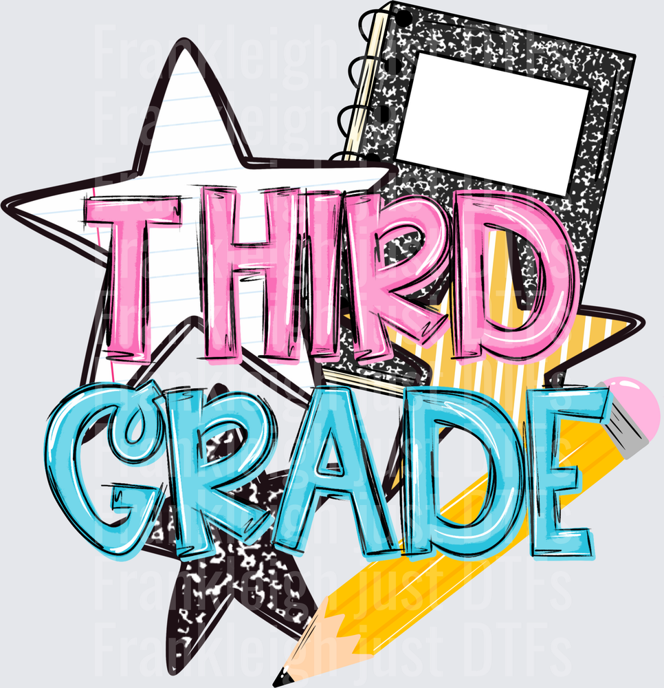 Third Grade Pink and Blue Bold Text with Stars and Pencil