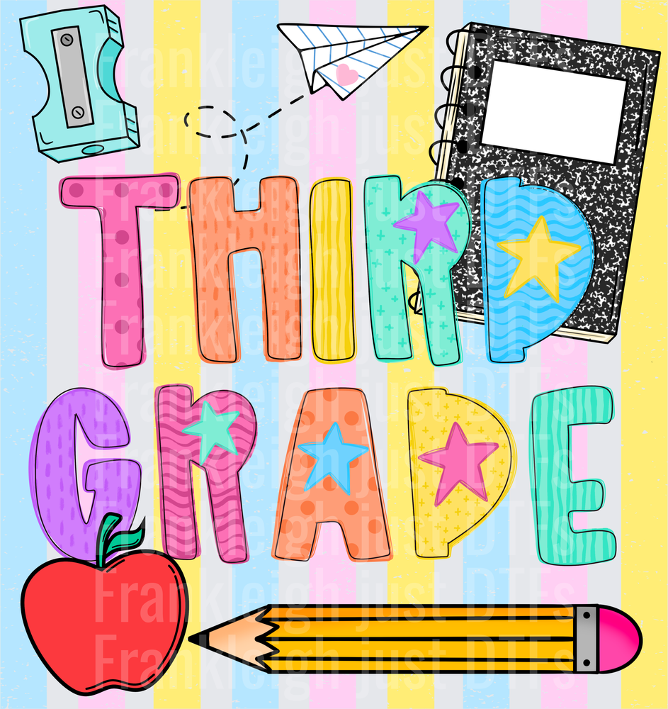 Third grade Colorful School Supplies Doodle with Stars and Apple
