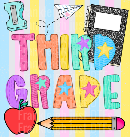Third grade Colorful School Supplies Doodle with Stars and Apple