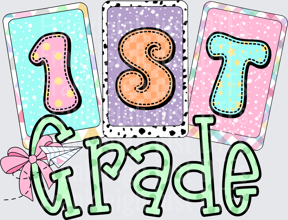 1st Grade Pastel Patchwork Cards with Pink Bow Design
