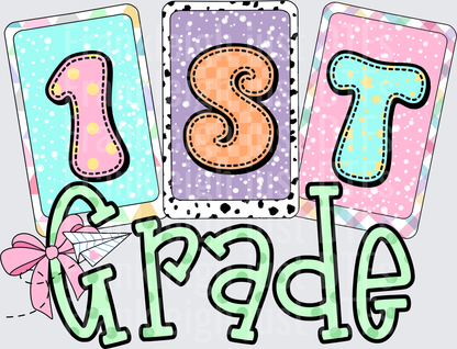 1st Grade Pastel Patchwork Cards with Pink Bow Design