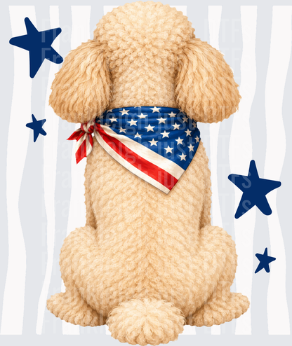 Patriotic Poodle with American Flag Bandana and Blue Stars Back